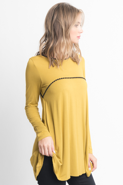 Shop for Mustard pom pom trim long sleeve jersey tunic top on caralase.com