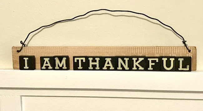 I am Thankful sign from vintage Anagram game tiles sign