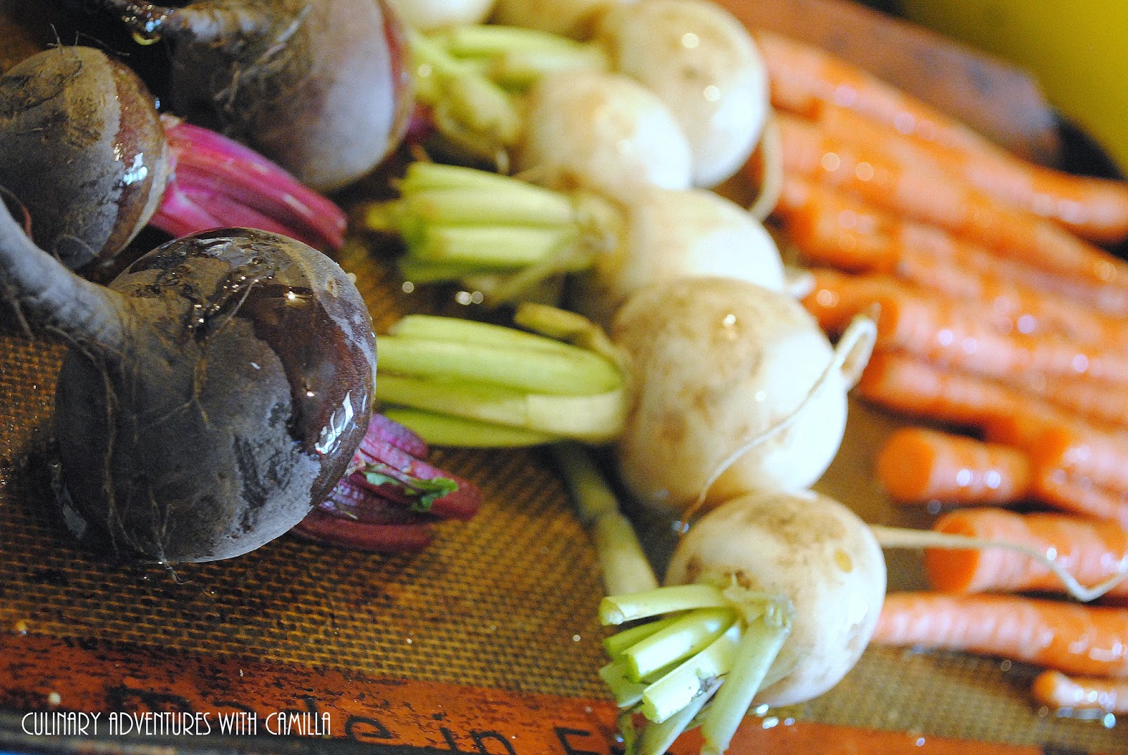 Smashed Turnips and Potatoes with Roasted Carrot Hummus à la The
