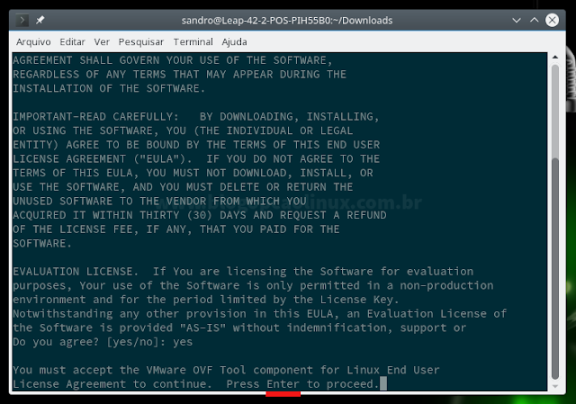 Tecle "Enter" para exibir o Contrato de Licença do VMware OVF Tool