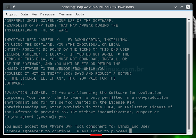 Tecle "Enter" para exibir o Contrato de Licença do VMware OVF Tool Tecle "Enter" para exibir o Contrato de Licença do VMware OVF Tool