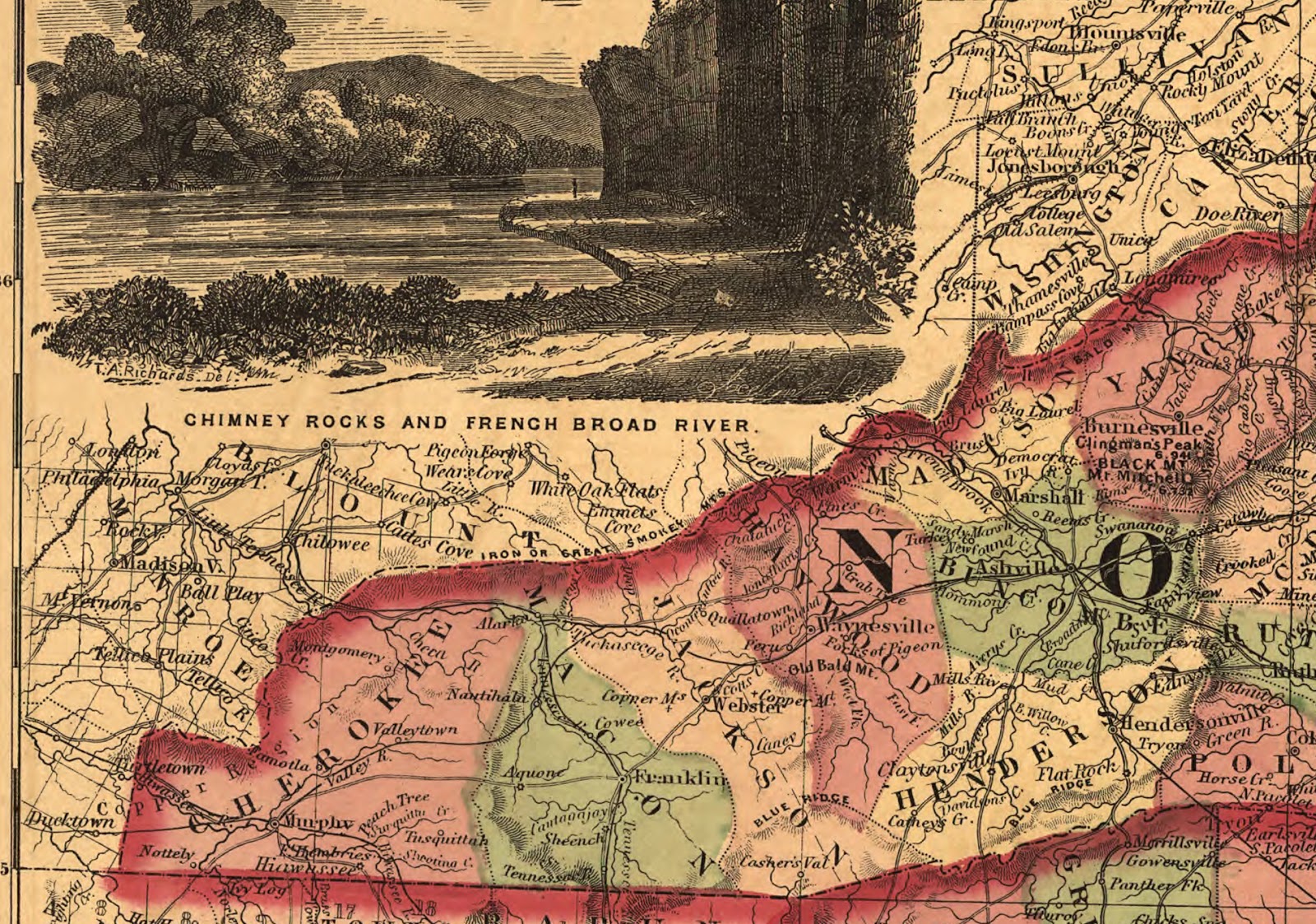an 1864 map provides a little more detail on the mountain range the great smoky mountains begin at the little tennessee river and extend to the french an 1864 map provides a little more detail on the mountain range the great smoky mountains begin at the little tennessee river and extend to the french