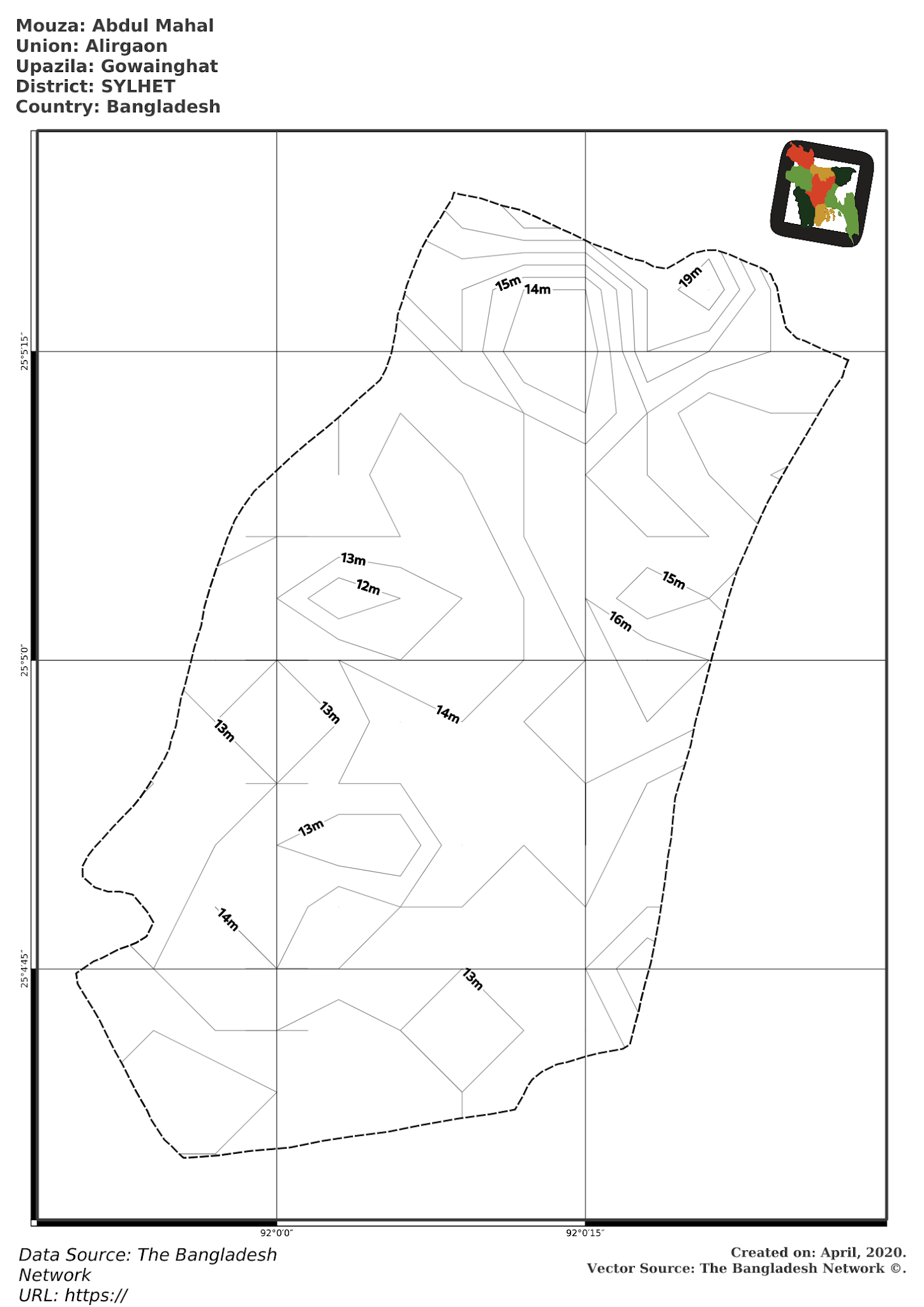 Map of Abdul Mahal Mouza of Gowainghat Upazila, SYLHET, Bangladesh.