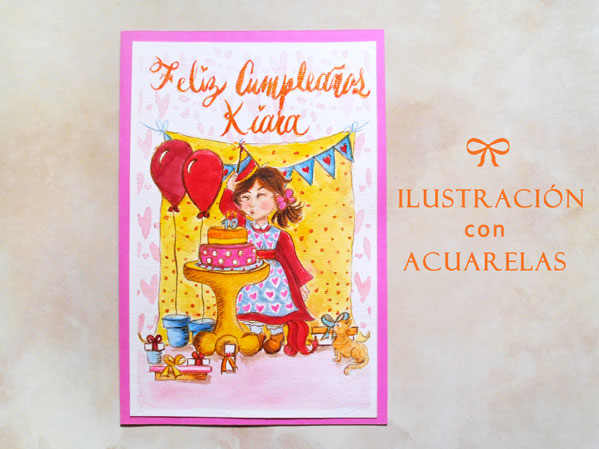 ilustración con acuarelas en una tarjeta de cumpleaños