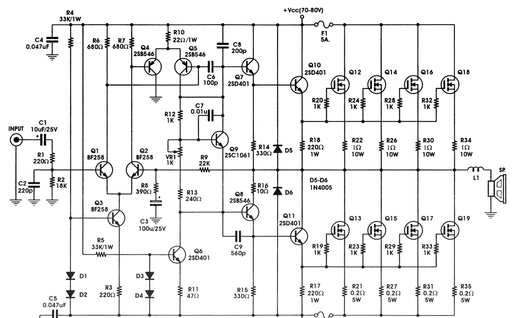 400W MOSFET Amplifier Circuit With IRFP448 ~Diagram source