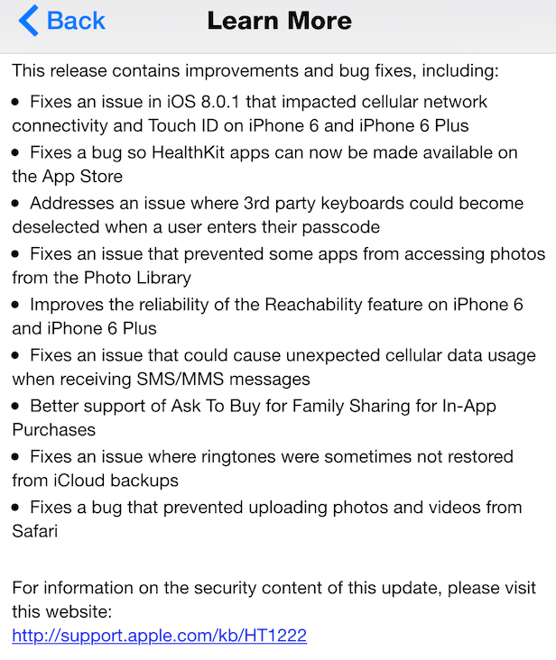 Apple iOS 8.0.2 (12A405) Firmware Features and Changes