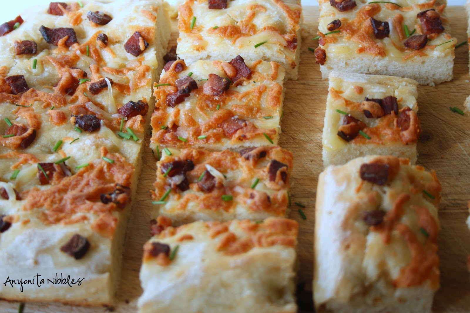 Cheese and bacon potato focaccia with chives from Anyonita Nibbles