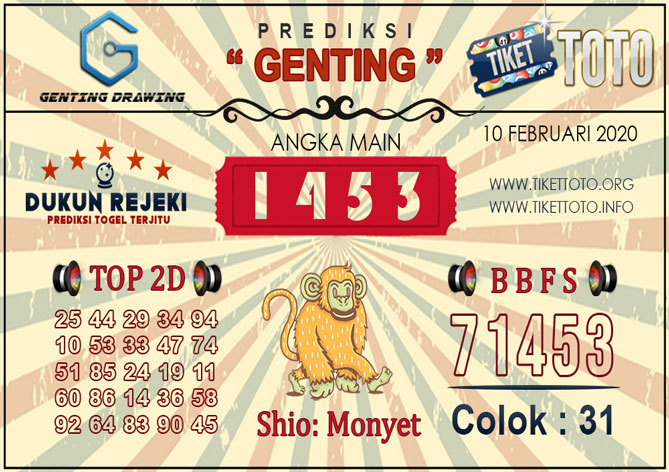 Prediksi Togel GENTING DRAWING TIKETTOTO 10 FEBRUARI 2020