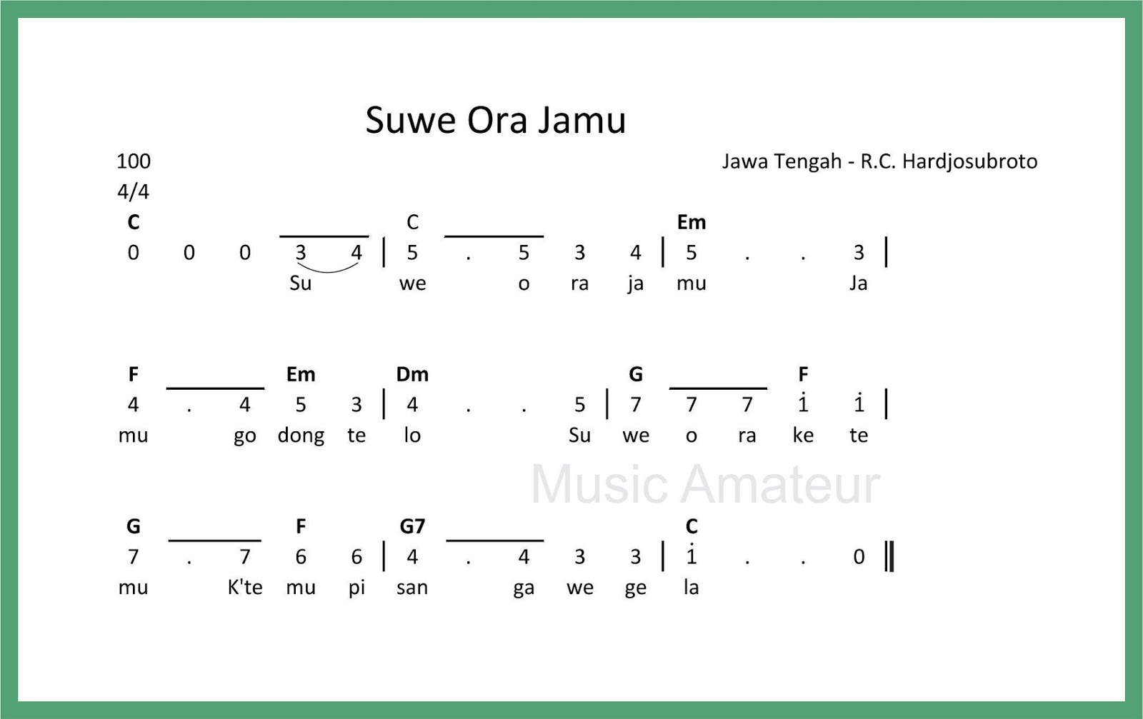 Lagu Daerah Suwe Ora Jamu Beserta Notnya