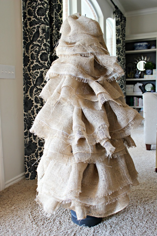 DIY Christmas Tree out of burlap, ribbon, and styrofoam cone. #christmas  #christmastree #decora…
