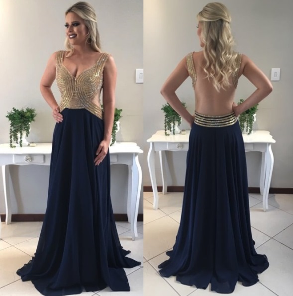 vestido de festa azul royal com dourado