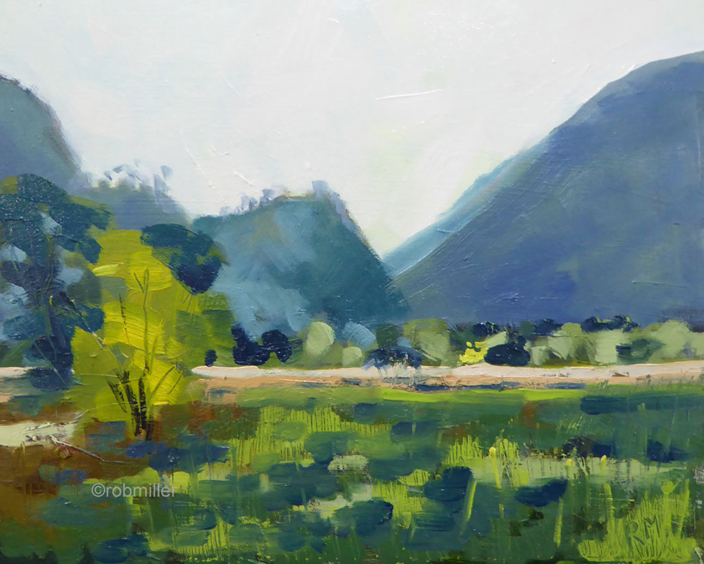 A painting of the Lake District titled "Castle Crag Derwentwater oils 24x30cm Lake District