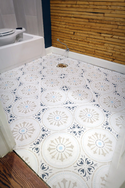 finished stencil painted ceramic tile floor