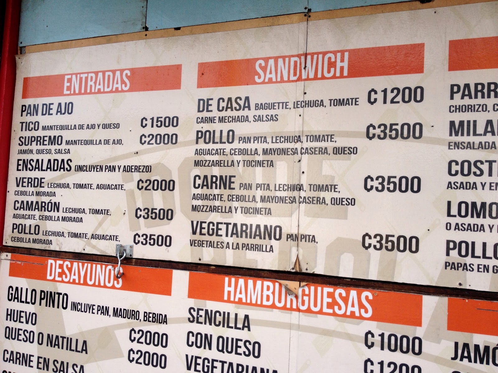 Life in Costa Rica Puriscal Restaurant Menu