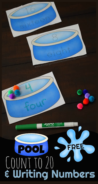 Looking to sneak in summer learning for preschool, pre-k, and kindergarten age children?  Kids will have fun practicing counting to 20 with this summer math. This numbers to 20 helps children practicing ewriting numbers 1-20 with a fun summer kindergarten activity.  Simply print summer printables, grab some pompom beach balls, and a dry erase marker to count 1-20.