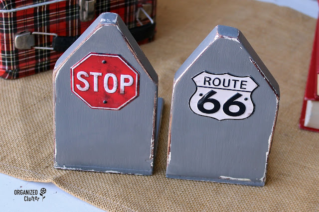 Route 66/Stop Sign Upcycled Bookends #hobbylobbymagnet #upcycle #dixiebellepaint #stopsign #route66