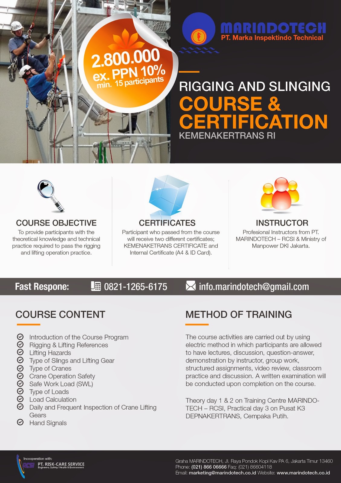 RIGGING AND SLINGING COURSE & CERTIFICATION KEMENAKERTRANS RCSIMarindotech