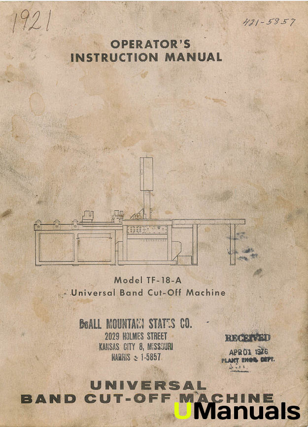 Machinery Manuals DoAll TF18A Band Saw Instruction Manual