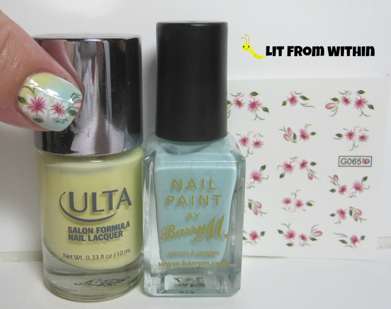 Bottle shot:  Ulta Cream Of The Crop, and Barry M Blue Moon, along with the sheet of decals