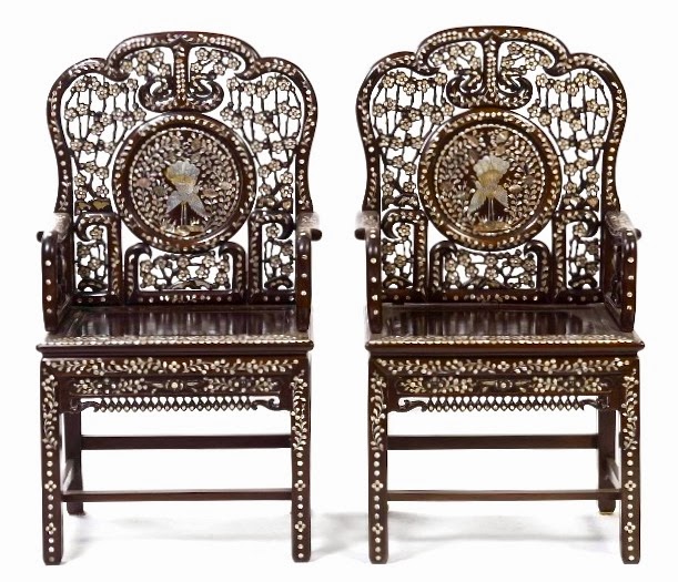 The End Of History Chinese Chairs A Majestic Pair Of Carved Rosewood Chairs With Myriad Mother Pearl Inlay Featuring Peas Decorating The Center Panels Sort Asian Take On Art
