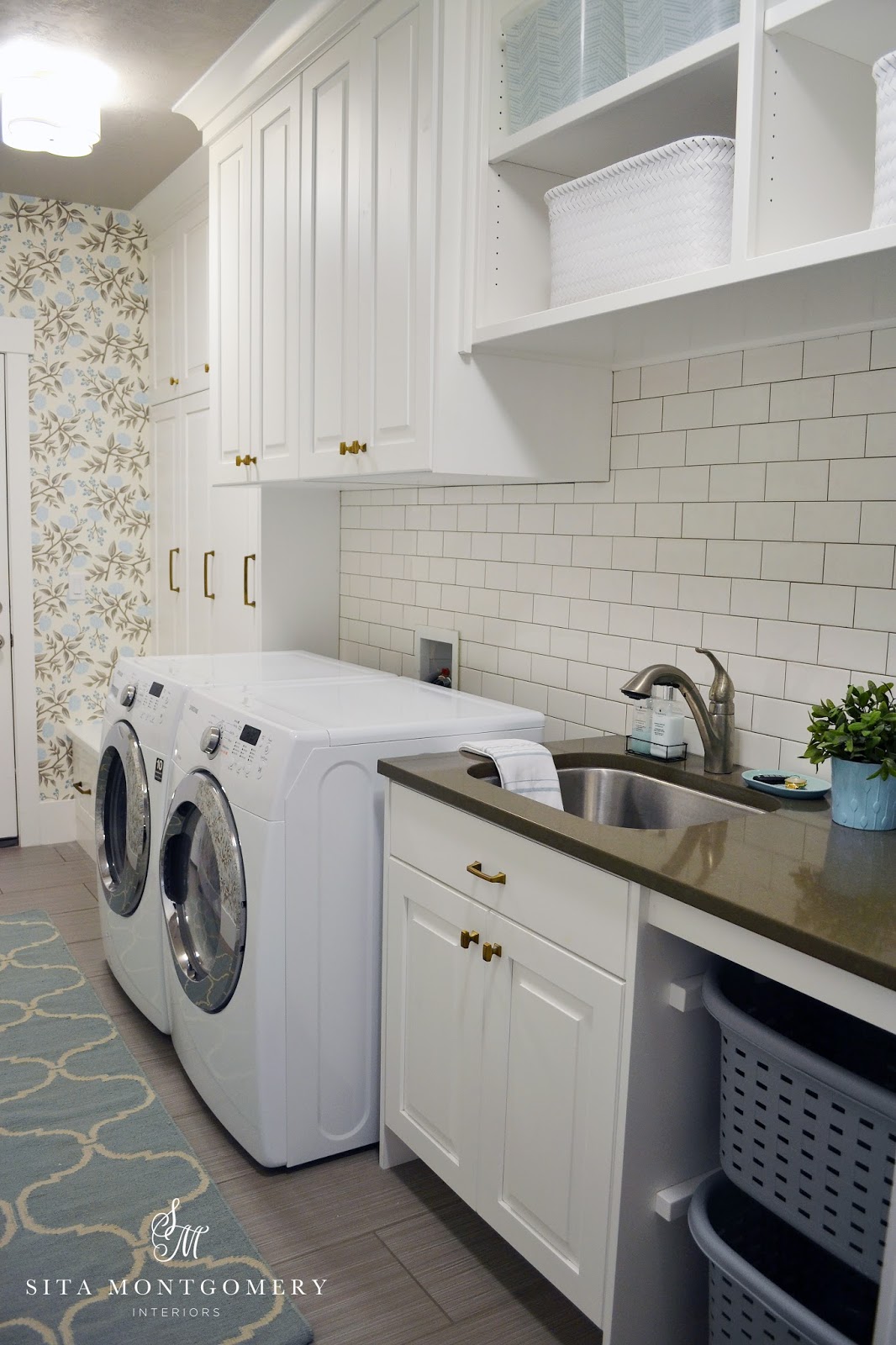 Sita Montgomery Interiors My Home Laundry Room Makeover Reveal I Had My Contractor Move The Cabinet To Ceiling Height This Also Allowed Him Bring Lockers And New Open Shelving Tie It All