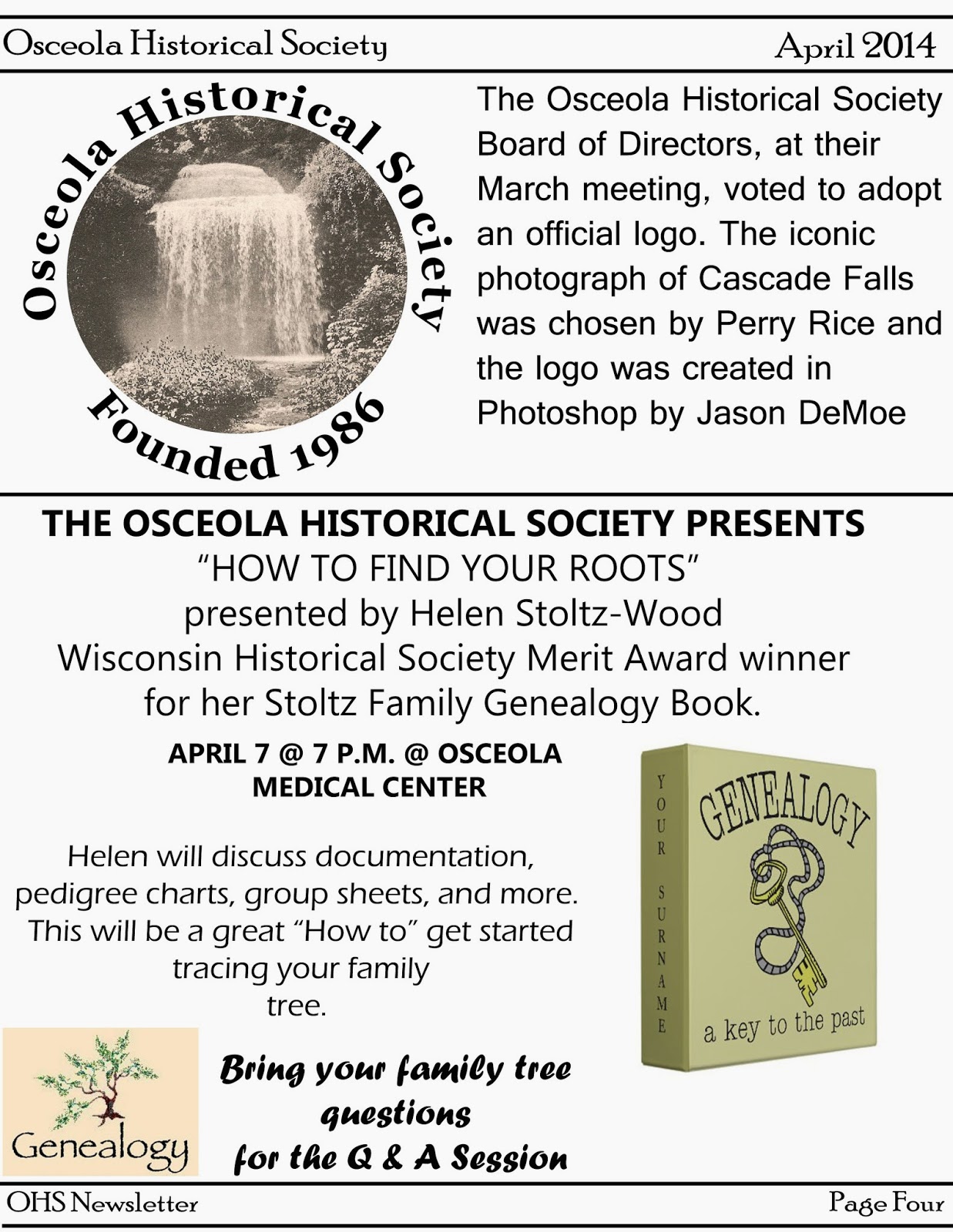 Osceola (Wisconsin) Historical Society Osceola Historical Society Newsletter April 2014