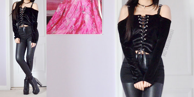 Romwe Fashion Review: Luxe Velvet Looks + Must-Haves for 2017 Romwe fashion review: ribboned lace-up faux leather strap off-shoulder black velvet crop top
