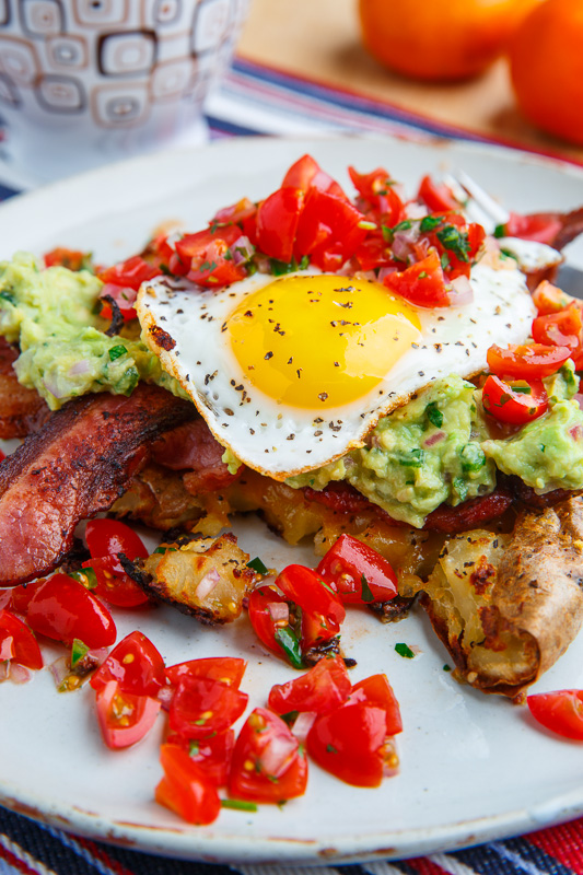 Crispy Smashed Potato Pancakes with Guacamole, Pico de Gallo, Bacon and Eggs Crispy Smashed Potato Pancakes with Guacamole, Pico de Gallo, Bacon and Eggs