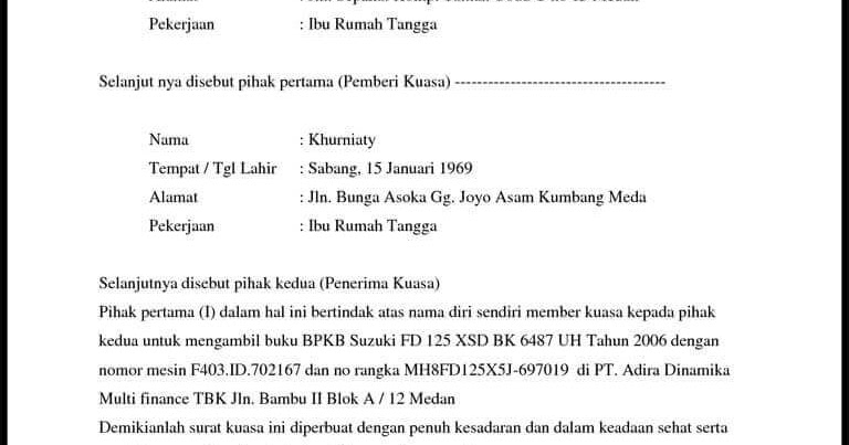 Contoh Surat Kuasa Adira Simak Gambar Berikut