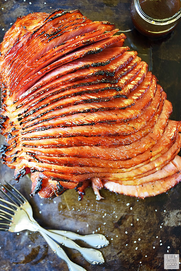 Top view of spirals honey baked ham with brown sugar glaze