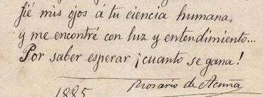 Fragmento de uno de los cinco sonetos que Rosario de Acuña regaló al doctor Albitos