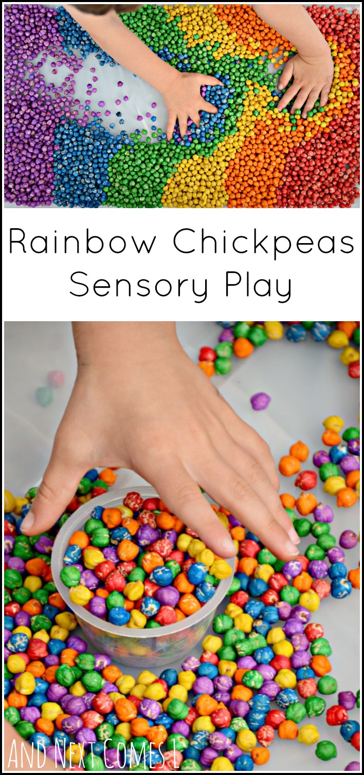 Rainbow chickpeas: how to dye dried chickpeas (garbanzo beans) for sensory play for kids from And Next Comes L