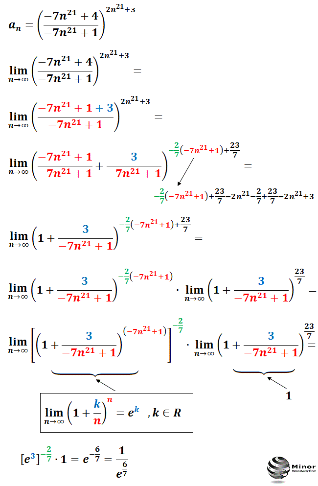 Wyznacz granicę ciągu liczbowego, gdy n->∞:   an=[(-7n^21+4)/(-7n^21+1)]^(2n^21+3)
