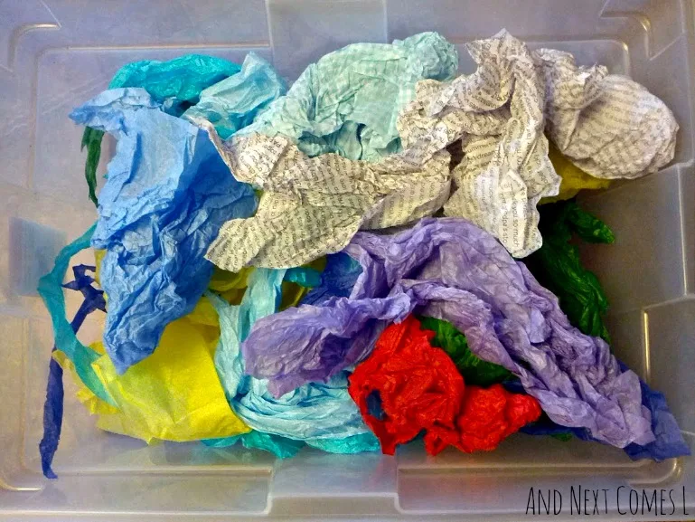 Tissue paper sensory bin for toddlers from And Next Comes L