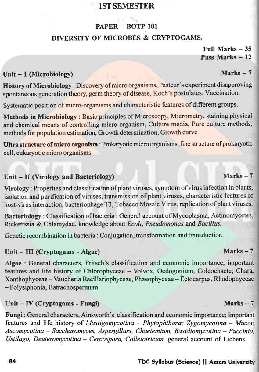 Botany (pass) course syllabus 1st semester of Assam University Silchar