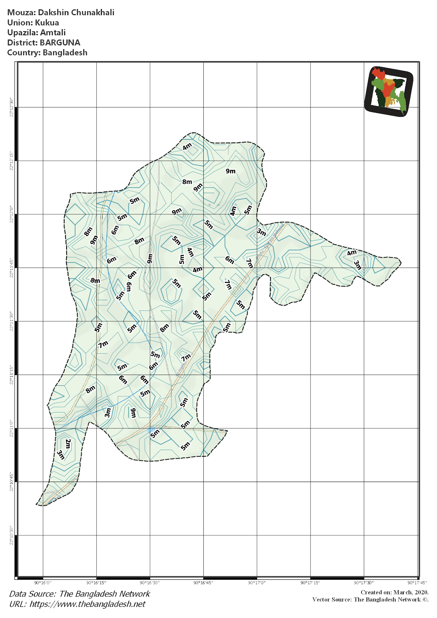 Map of Dakshin Chunakhali Mouza of Amtali Upazila, BARGUNA, Bangladesh.