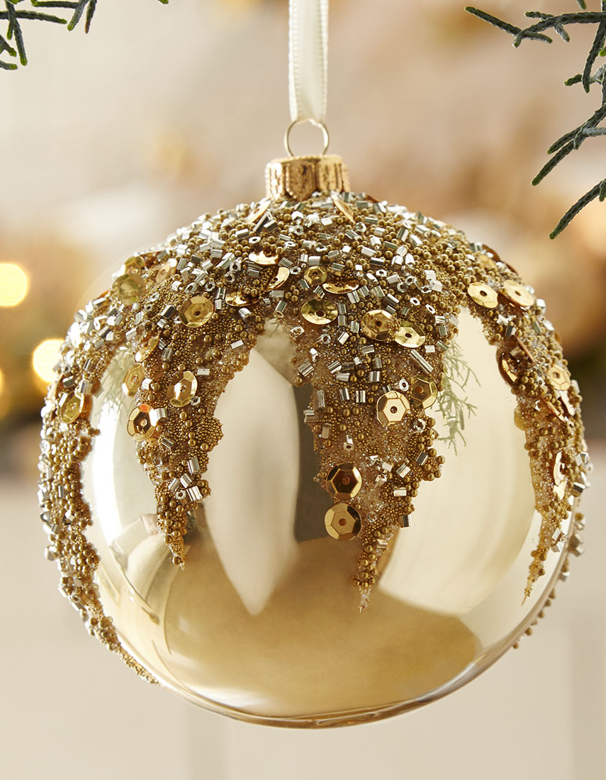 Gold Opal Glass Ball Christmas Ornament With Beads