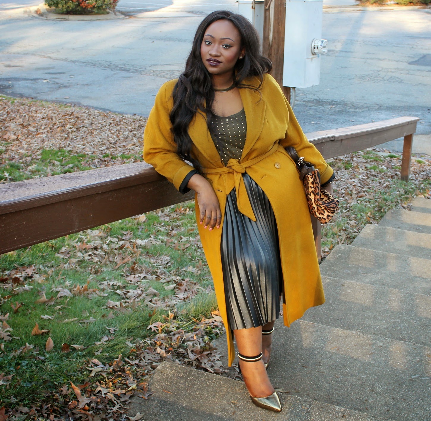 Mustard Coat & Pleated Leather Skirt | Road to Fashionable