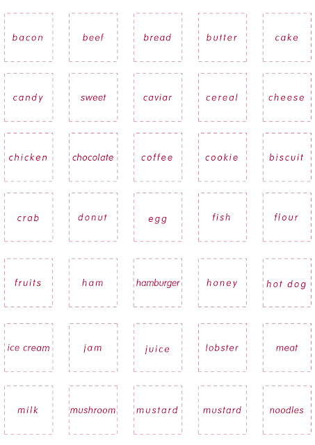 Food and drinks vocabulary cards for the bingo game