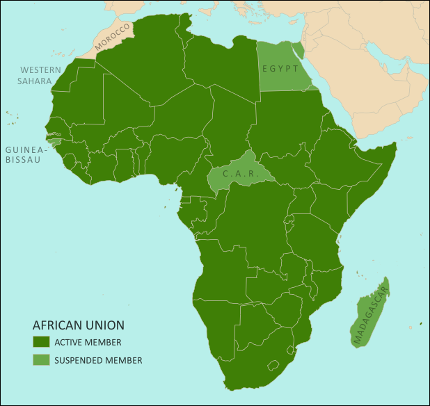 Map of the African Union, including active and suspended members, updated for the July 2013 suspension of Egypt (colorblind accessible).