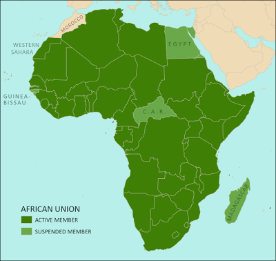 Map of Africa showing active and suspended members of the African Union (AU). Updated for the July 2013 suspension of Egypt (colorblind accessible).