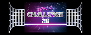 A ten by ten challenge chart. The centre is a retro eighties image of light purple text reading 'ten by ten' of metallic letters that spell out 'challenge' with twenty eighteen in plain white italics below that, all over a glowing triangle emblem on a background of a starry night sky, hovering over a glowing neon grid. From both sides of this graphic, a five by ten grid in metallic texture extends, curving to become wider as it gets further away from the central image.