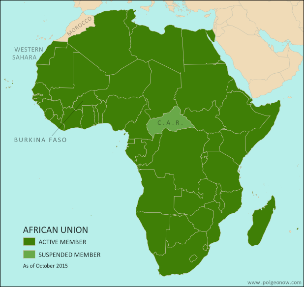 Map of the African Union, including active and suspended member countries, updated for the September 2015 suspension and reinstatement of Burkina Faso (colorblind accessible).