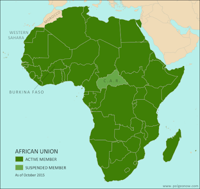 Map of Africa showing active and suspended members of the African Union (AU). Updated for the September 2015 suspension and reinstatement of Burkina Faso (colorblind accessible).