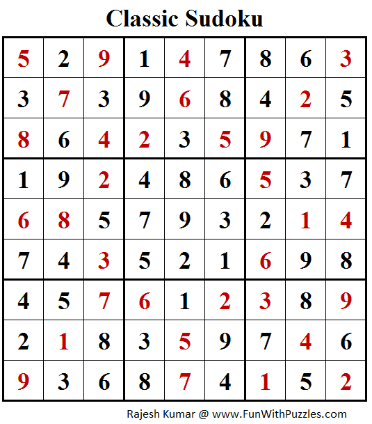 Classic Sudoku (Fun With Sudoku 254) Puzzle Solution