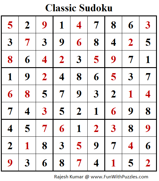 Classic Sudoku (Fun With Sudoku #254) Puzzle Solution