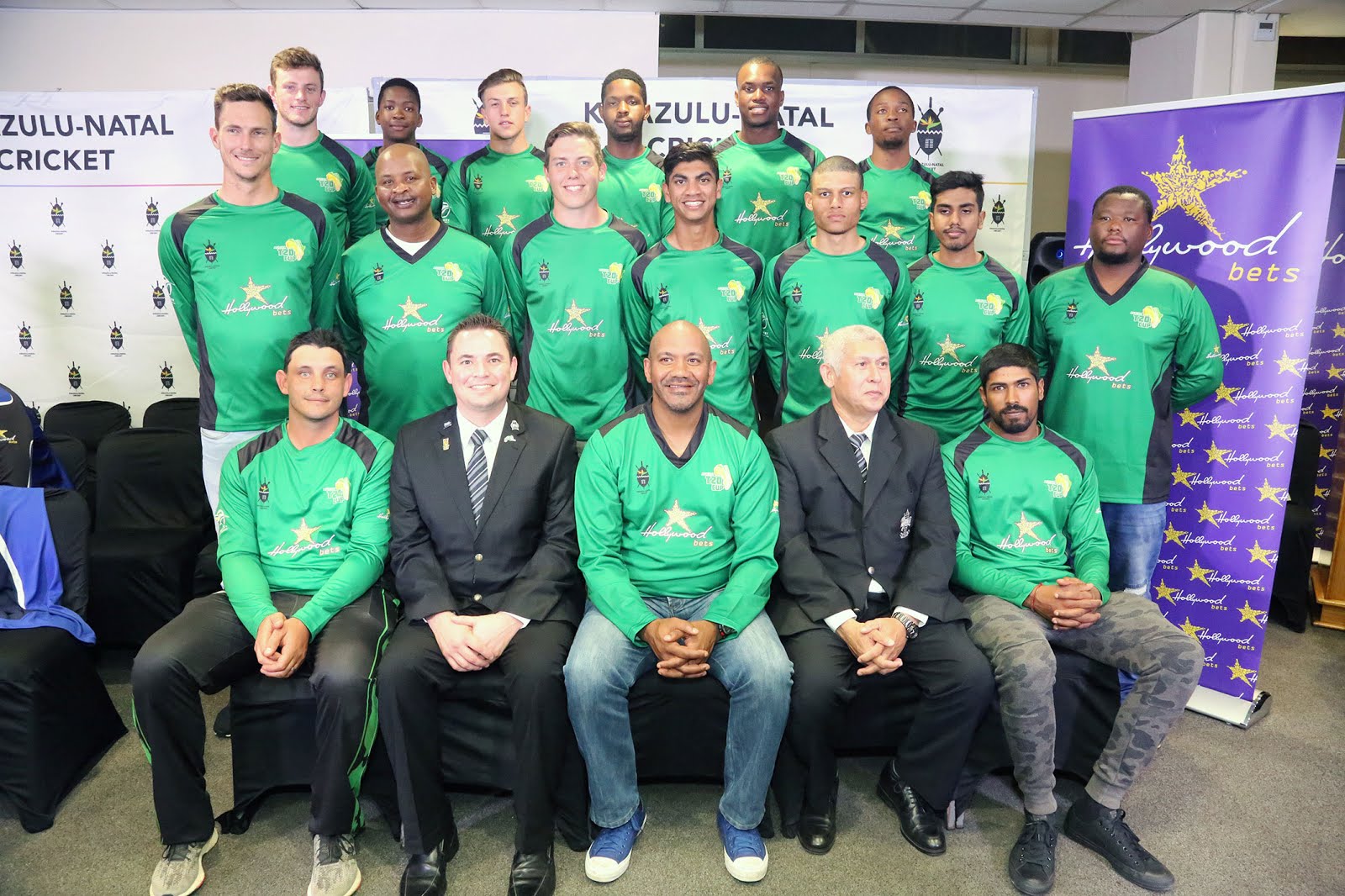 Hollywoodbets KZN Coastal Team Hollywoodbets KZN Coastal Team - Africa T20 Cup - Team Photo - Vaughn van Jaarsveld - Roger Telemachus - Prenelan Subrayen - Calvin Savage - Heinrich Strydom