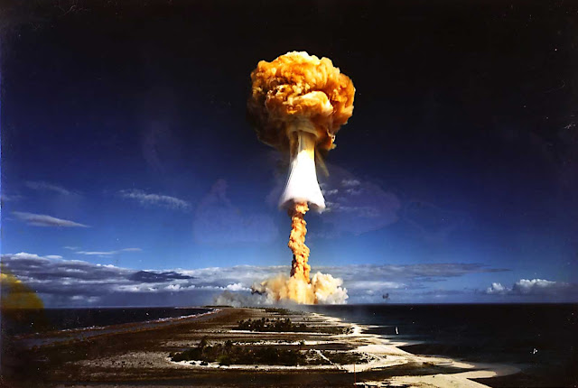 A photo of a nuclear bomb detonated by the French government at the Moruroa atoll, French Polynesia.