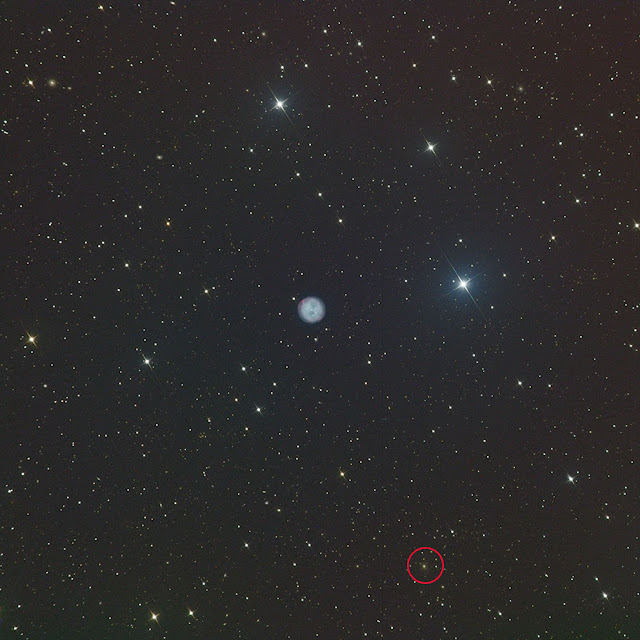M97, the "Owl Nebula" imaged by Muir Evenden with a circled unidentified anomaly.