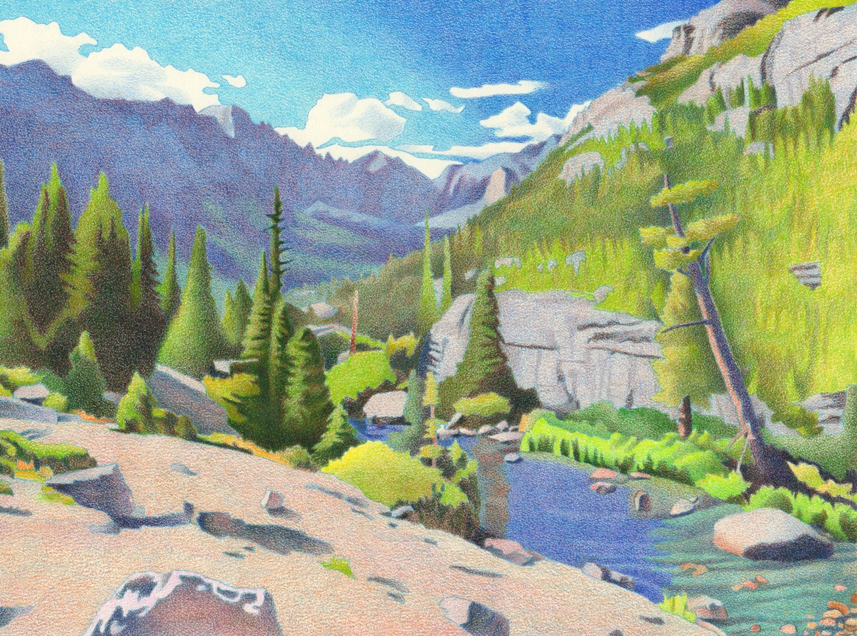 Impression Evergreen Glacier Colored Pencil Drawing